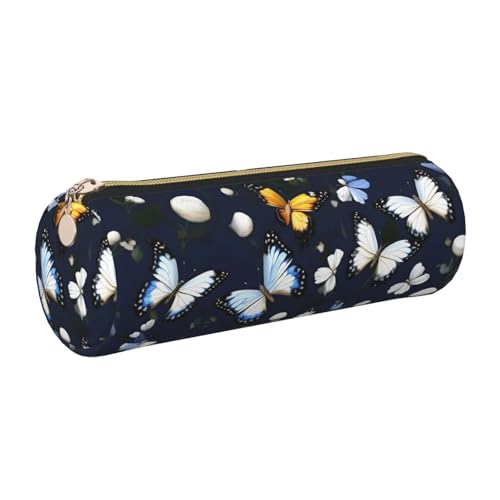 gopoo Federmäppchen aus Leder, Motiv: Weiße Blüten mit blauen Schmetterlingen, schlanke ästhetische Ledertasche, Schreibwaren-Organizer-Tasche mit tragbarem Metallring, gold, Einheitsgröße von gopoo