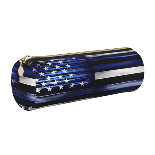 gopoo Federmäppchen aus Leder, Motiv: amerikanische dünne blaue Flagge, schlanke ästhetische Ledertasche, Schreibwaren-Organizer-Tasche mit tragbarem Metallring, gold, Einheitsgröße, Kartenhalter von gopoo