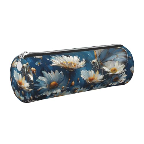 gopoo Federmäppchen aus Leder, Motiv: weiße Gänseblümchen und Schmetterlinge, schlanke ästhetische Ledertasche, Schreibwaren-Organizer-Tasche mit tragbarem Metallring, silber, Einheitsgröße von gopoo