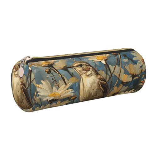 gopoo Federmäppchen aus Leder mit Gänseblümchen und Vögeln, schlanke ästhetische Ledertasche, Schreibwaren-Organizer-Tasche mit tragbarem Metallring, gold, Einheitsgröße, Kartenhalter von gopoo