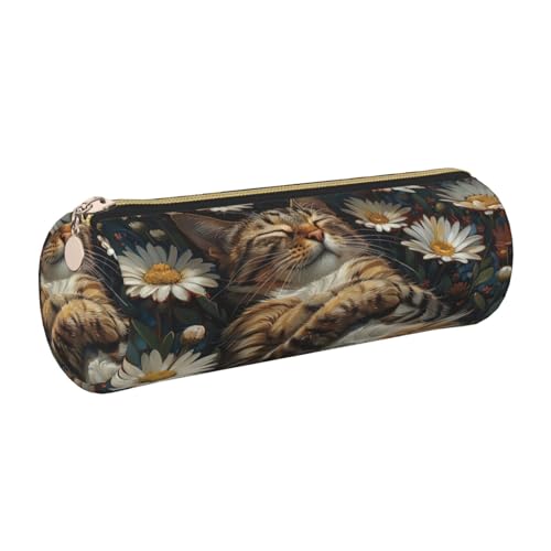 gopoo Federmäppchen aus Leder mit Gänseblümchen und niedlichen Katzen, schlanke ästhetische Ledertasche, Schreibwaren-Organizer-Tasche mit tragbarem Metallring, gold, Einheitsgröße, Kartenhalter von gopoo