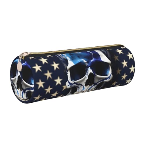 gopoo Federmäppchen aus Leder mit blauen Streifen und Sternen und Totenkopf-Motiv, schlanke ästhetische Ledertasche, Schreibwaren-Organizer-Tasche mit tragbarem Metallring, gold, Einheitsgröße von gopoo