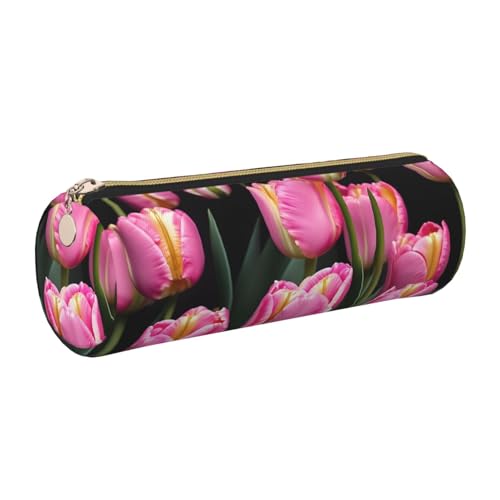 gopoo Federmäppchen aus Leder mit rosa und Tulpenmuster, schlanke ästhetische Ledertasche, Schreibwaren-Organizer-Tasche mit tragbarem Metallring, gold, Einheitsgröße, Kartenhalter von gopoo