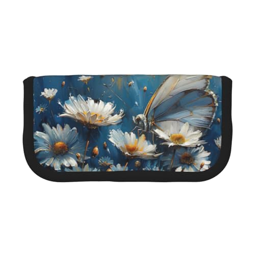 gopoo Federmäppchen aus Segeltuch, Motiv: weiße Gänseblümchen und Schmetterlinge, organisierte Aufbewahrung für Reisen und den täglichen Gebrauch, Federmäppchen, Make-up-Tasche von gopoo
