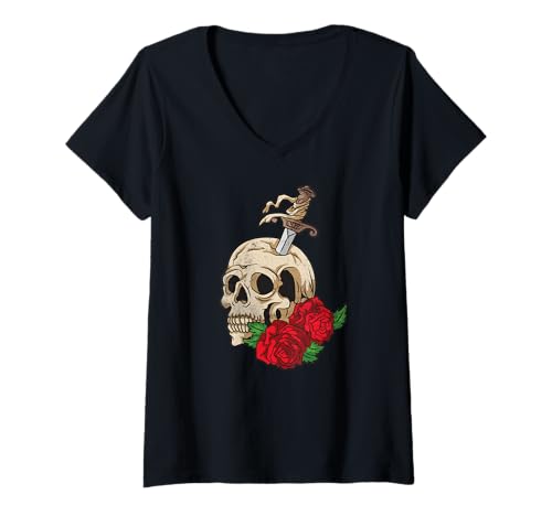 Damen Totenkopf-Skelett-Schwert, rote Rose, Tattoo-Stil. T-Shirt mit V-Ausschnitt von gothic Rose Skull tattoo