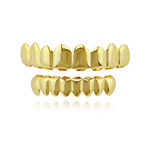 Gold überzogene Zähne Hip Hop Rapper Bling Zähne Golden Nugget Grillz Top und Bottom Grill Set Gold überzogene Hip Hop Zähne Set,Glossy Teeth Grills Oben Unten für die Halloween-Dekoration verwendet von gotyou