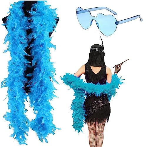 gotyou Federboa, 2M Bunte Feder Boas mit randlosen Sonnenbrillen, Turkey Feather Boas, Flauschige Federboa, Federboa Fancy Kleid, Federstola Federschal Kostüm Karneval für tanzende Hochzeitspartys von gotyou