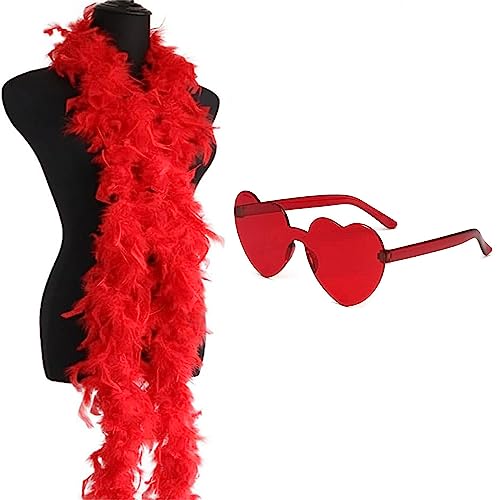 gotyou Federboa, 2M Bunte Feder Boas mit randlosen Sonnenbrillen, Turkey Feather Boas, Flauschige Federboa, Federboa Fancy Kleid, Federstola Federschal Kostüm Karneval für tanzende Hochzeitspartys von gotyou