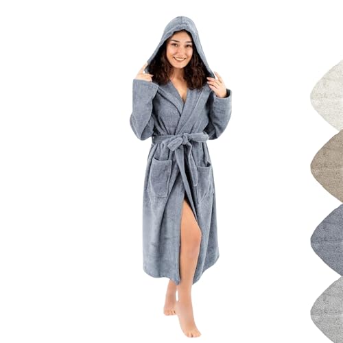 Bademantel mit Kapuze Damen und Herren aus 100% Baumwolle, Morgenmantel Frottee Kuschel, Saunamantel Warm und Kuschelig, Schnelltrocknend Weich Saugstark Bademäntel (Anthrazit XL-XXL) von gowoll