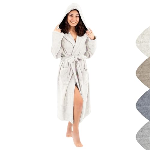 Bademantel mit Kapuze Damen und Herren aus 100% Baumwolle, Morgenmantel Frottee Kuschel, Saunamantel Warm und Kuschelig, Schnelltrocknend Weich Saugstark Bademäntel (Creme L-XL) von gowoll