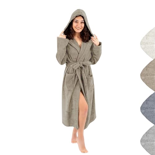 Bademantel mit Kapuze Damen und Herren aus 100% Baumwolle, Morgenmantel Frottee Kuschel, Saunamantel Warm und Kuschelig, Schnelltrocknend Weich Saugstark Bademäntel (Dunkelbraun XL-XXL) von gowoll