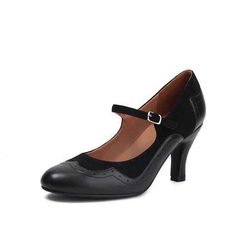 graceretro Damen Mary Jane Rockability Schließen Runde Zehenpartie Vintage 1950er Jahre Absätze Oxford 1930er Jahre Knöchelriemen Retro 1920er Jahre Viktorianisch Pumps Schuhe (Black EU39) von graceretro