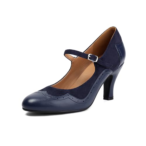 graceretro Damen Mary Jane Rockability Schließen Runde Zehenpartie Vintage 1950er Jahre Absätze Oxford 1930er Jahre Knöchelriemen Retro 1920er Jahre Viktorianisch Pumps Schuhe (Blue EU40) von graceretro