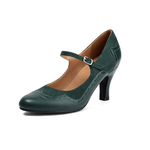 graceretro Damen Mary Jane Rockability Schließen Runde Zehenpartie Vintage 1950er Jahre Absätze Oxford 1930er Jahre Knöchelriemen Retro 1920er Jahre Viktorianisch Pumps Schuhe (Green EU40) von graceretro