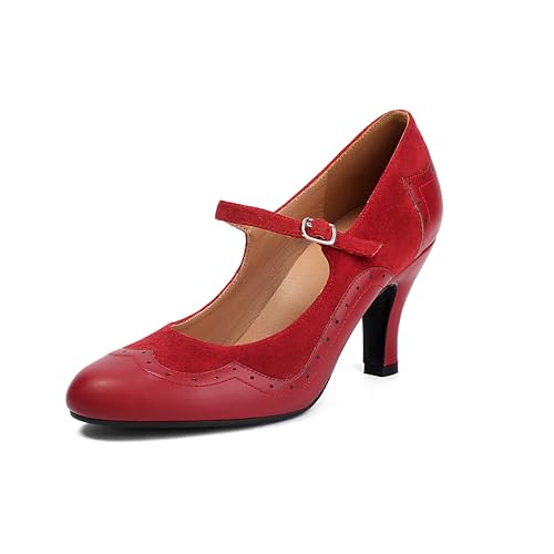 graceretro Damen Mary Jane Rockability Schließen Runde Zehenpartie Vintage 1950er Jahre Absätze Oxford 1930er Jahre Knöchelriemen Retro 1920er Jahre Viktorianisch Pumps Schuhe (RED EU39) von graceretro
