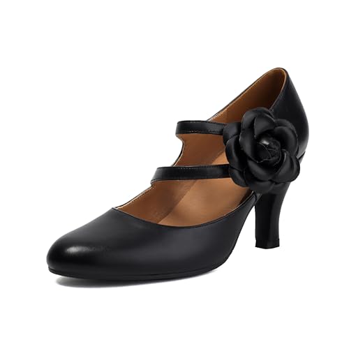 graceretro Damen Mary Jane Schließen Runde Zehenpartie 1930er Jahre Vintage 1950er Jahre Absätze Blume Doppelriemen Retro 1920er Jahre Viktorianisch Pumps Schuhe (Black EU37) von graceretro