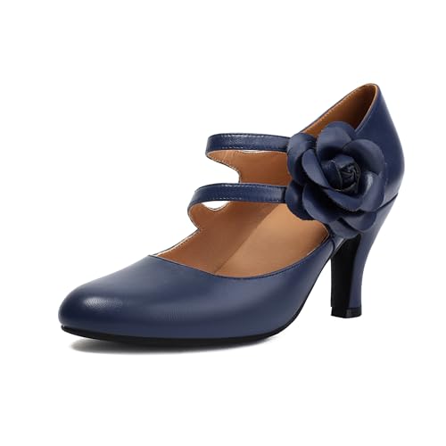 graceretro Damen Mary Jane Schließen Runde Zehenpartie 1930er Jahre Vintage 1950er Jahre Absätze Blume Doppelriemen Retro 1920er Jahre Viktorianisch Pumps Schuhe (Blue EU37) von graceretro