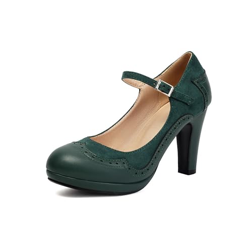 graceretro Damen Mary Jane Wingtip Klassisch und Retro 1920er Jahre Pumps Heels Oxford Muster Vintage Runde Geschlossene Zehenpartie 1950er Jahre Knöchelriemen Kleid Schuhe (Green EU40) von graceretro