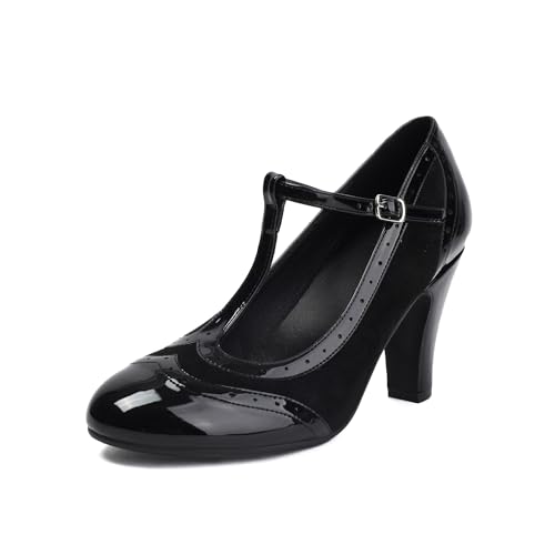 graceretro Damen Mary Jane Wingtip Rockability Oxford Schließen Runde Zehenpartie Vintage 1950er Jahre Heels T-Straps Retro 1920er Jahre Viktorianische Pumps Schuhe (Black EU41) von graceretro