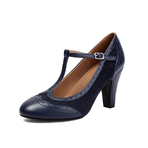 graceretro Damen Mary Jane Wingtip Rockability Oxford Schließen Runde Zehenpartie Vintage 1950er Jahre Heels T-Straps Retro 1920er Jahre Viktorianische Pumps Schuhe (Blue EU37) von graceretro