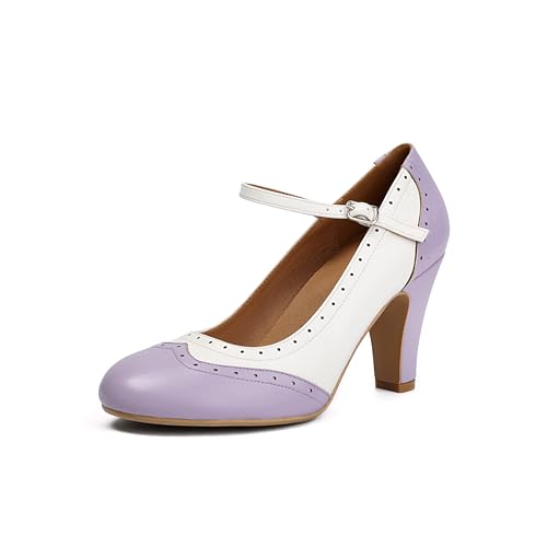 graceretro Damen Mary Jane Wingtip Rockability Oxford Zwei Töne schließen Runde Zehe Vintage 1950er Jahre Fersen Knöchelgurte Retro 1920er Jahre viktorianische Pumpen Schuhe (Purple EU39) von graceretro