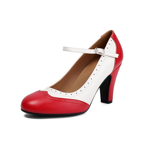 graceretro Damen Mary Jane Wingtip Rockability Oxford Zwei Töne schließen Runde Zehe Vintage 1950er Jahre Fersen Knöchelgurte Retro 1920er Jahre viktorianische Pumpen Schuhe (RED EU40) von graceretro