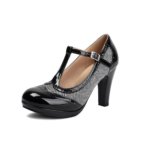 graceretro Damen Mary Jane Zwei-Töne 1920er Jahre Pumps Klassisches und Retro Oxford-Muster Vintage Runde Geschlossene Zehen 1950er Jahre Knöchelriemen Schuhe (Black EU41) von graceretro
