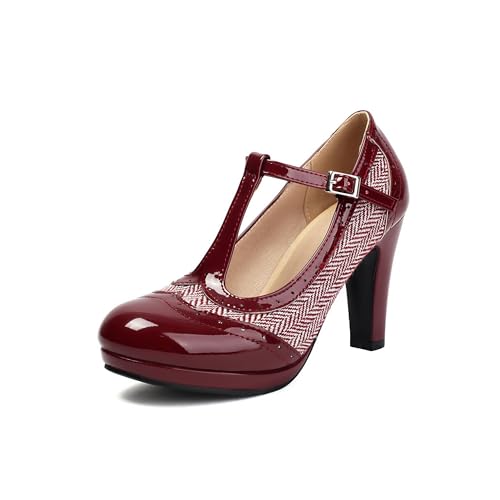 graceretro Damen Mary Jane Zwei-Töne 1920er Jahre Pumps Klassisches und Retro Oxford-Muster Vintage Runde Geschlossene Zehen 1950er Jahre Knöchelriemen Schuhe (RED EU40) von graceretro