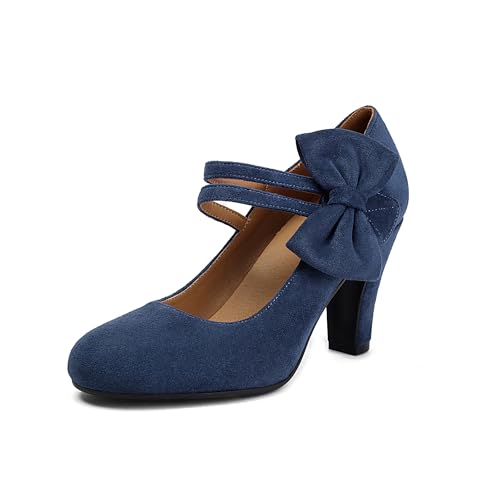 graceretro Frauen Mary Jane Schließen Runde Zehe Vintage 1950er Jahre Fersen Bogen Doppelgurte Retro 1920er Jahre viktorianische Pumpen 1930er Jahre Schuhe (Blue EU40) von graceretro