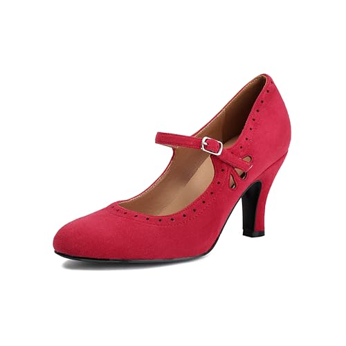graceretro Frauen Mary Jane Teardrop niedlich schließen Runde Zehe Vintage 1950er Jahre Fersen Retro 1920er Jahre viktorianische Pumpen 1930er Jahre Schuhe (RED EU37) von graceretro