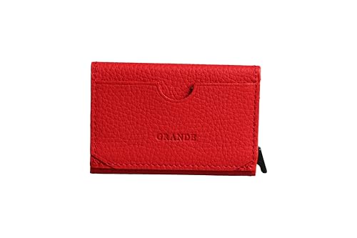 grande 760 – Pop-Up-Kartenhalter aus echtem Leder mit RFID-Blockierung, schmale, minimalistische kleine Metallgeldbörse für Damen und Herren – Rot von grande