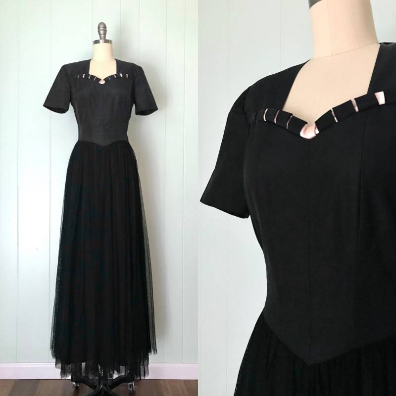 1940Er New York Creation Schwarzes Tüll Festkleid | 40Er Jahre Taft Basken Taille Cocktailkleid Vintage Sweetheart Ausschnitt-Formales Maxikleid von greatglenvintage