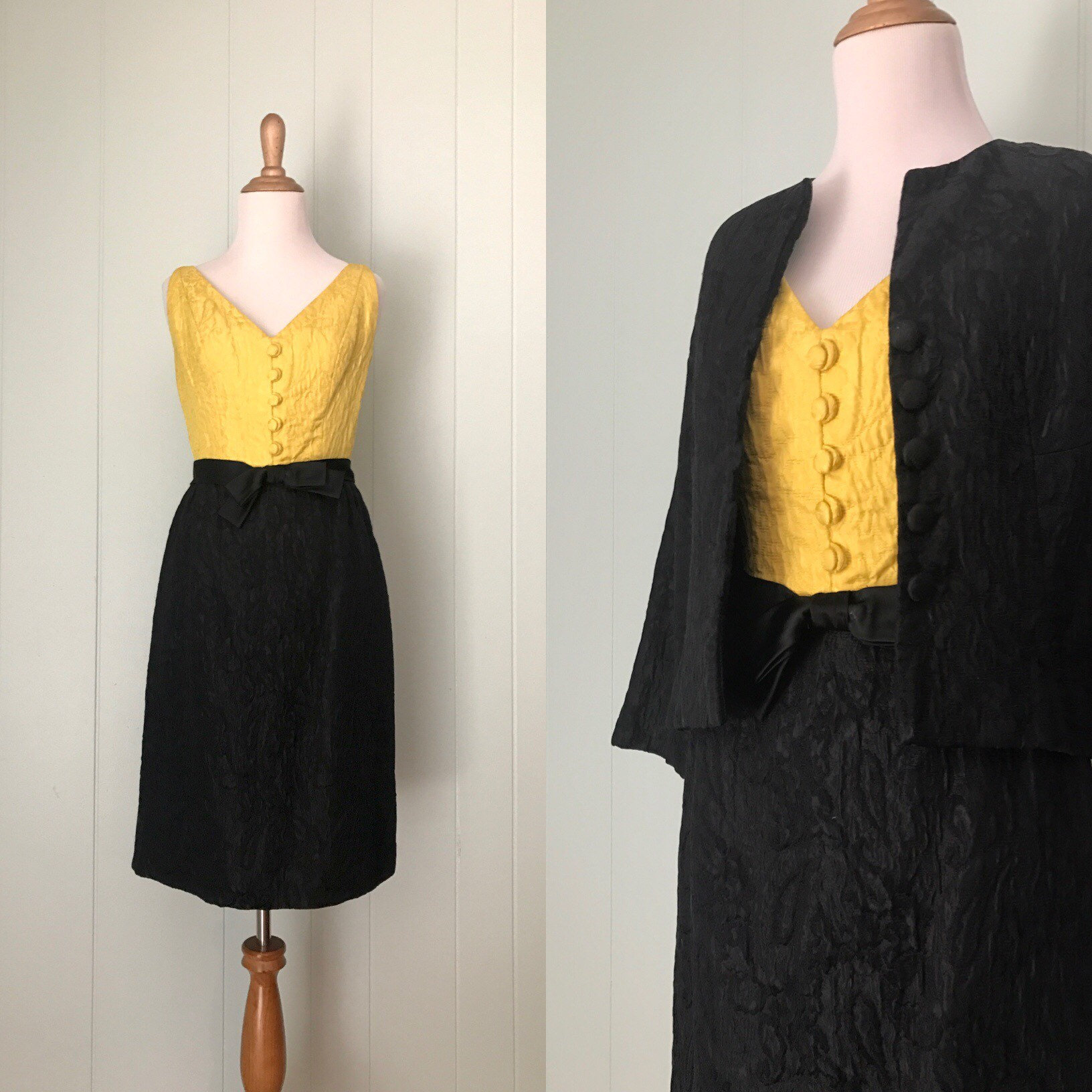 1960Er Jahre Colorblock Schwarz Und Gelb Kleiderset | 60Er Satin Brokat Kleid Jacke Vintage Ärmellose Schleife V-Ausschnitt Button Down Suit Größe Xs 1960Er Jahre Colorblock Schwarz Und Gelb Kleiderset | 60Er Satin Brokat Kleid Jacke Vintage Ärmellose Schleife V-Ausschnitt Button Down Suit Größe Xs von greatglenvintage