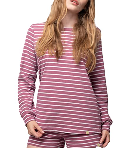 greenjama Damen Langarm-Shirt Ringel, GOTS-Zertifiziert Pyjamaoberteil, Grape, 36 von greenjama