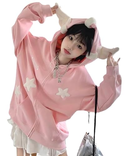 grhaat Kawaii Angel Wings Star Hoodie Y2k Japanischer Anime Reißverschluss Harajuku Casual Sweatshirt Cutecore Designer Streetwear, Pink, M von grhaat