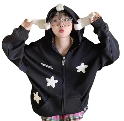 grhaat Kawaii Angel Wings Star Hoodie Y2k Japanischer Anime Reißverschluss Harajuku Casual Sweatshirt Cutecore Designer Streetwear, Schwarz, XL von grhaat