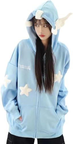 grhaat Kawaii Anime Zipper Hoodies Y2k Harajuku Star Meteor Angel Wings Sweatshirt Frauen Lose Cutecore Oversized Hoodies, Blau, XL von grhaat