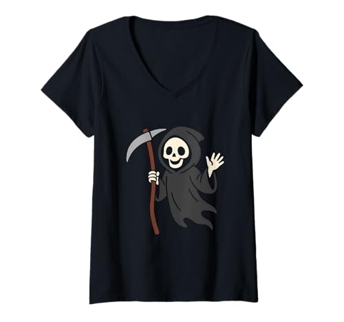 Damen Freundlicher Sensenmann T-Shirt mit V-Ausschnitt Damen Freundlicher Sensenmann T-Shirt mit V-Ausschnitt von grim reaper friendly spooky art halloween pumpkin