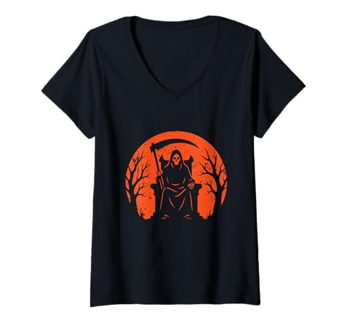 Damen Sensenmann Thron Halloween T-Shirt mit V-Ausschnitt von grim reaper scythe throne halloween dark Halloween