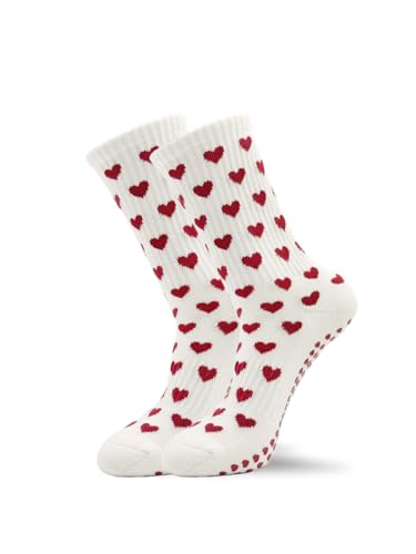 grippyglow Pilates, Yoga, Barre Anti-Rutsch Socken für Damen aus Baumwolle mit Grip in Herzform (2er Pack) - Beige Rot - Gr. 36-41 - Full of Heart von grippyglow