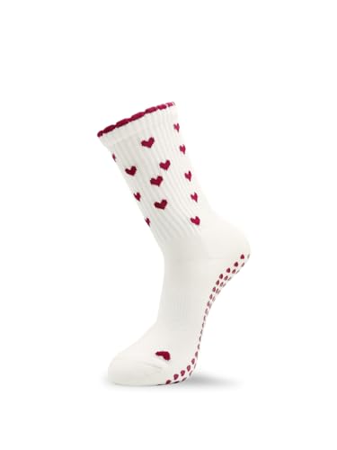 grippyglow Pilates, Yoga, Barre Anti-Rutsch Socken für Damen aus Baumwolle mit Grip in Herzform - Beige Rot - Gr. 36-41 - Ruffle Heart von grippyglow