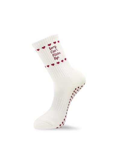 grippyglow Pilates, Yoga, Barre Anti-Rutsch Socken für Damen aus Baumwolle mit Grip in Herzform - Beige Rot - Gr. 36-41 - Sorry.Cant.Pilates.Bye von grippyglow