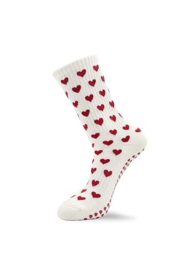 grippyglow Pilates, Yoga, Barre Anti-Rutsch Socken für Damen aus Baumwolle mit Grip in Herzform - Beige Rot - Gr. 36-41 - Full Heart grippyglow Pilates, Yoga, Barre Anti-Rutsch Socken für Damen aus Baumwolle mit Grip in Herzform - Beige Rot - Gr. 36-41 - Full Heart von grippyglow