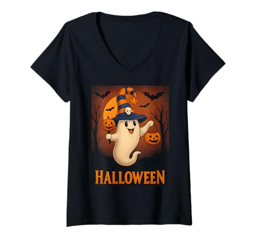 Damen Halloween Geist Party Kostüm T-Shirt mit V-Ausschnitt Damen Halloween Geist Party Kostüm T-Shirt mit V-Ausschnitt von gruselig Geist Grusel Geister Geschenkidee