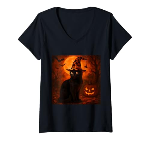 Damen Halloween Kürbis Katze Kostüm T-Shirt mit V-Ausschnitt Damen Halloween Kürbis Katze Kostüm T-Shirt mit V-Ausschnitt von gruselig Geist Grusel Geister Geschenkidee