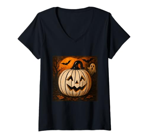 Damen Halloween Party Kürbis Kostüm T-Shirt mit V-Ausschnitt Damen Halloween Party Kürbis Kostüm T-Shirt mit V-Ausschnitt von gruselig Geist Grusel Geister Geschenkidee