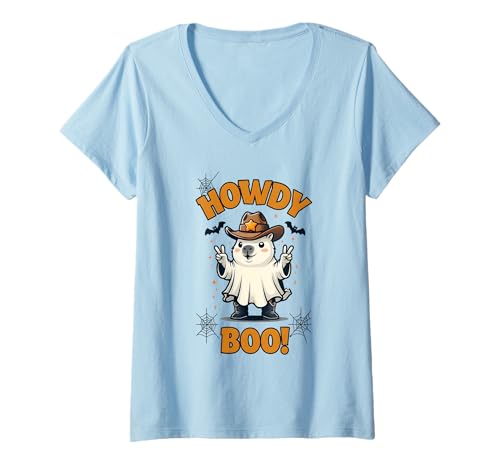 Damen Halloween Kinder Cowboy Capybara T-Shirt mit V-Ausschnitt von gruselig Geister Grusel Geschenkidee