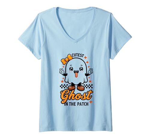 Damen Halloween süß Geist Spruch T-Shirt mit V-Ausschnitt von gruselig Geister Grusel Geschenkidee
