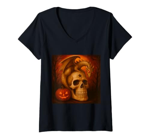 Damen Halloween Schädel Party Kostüm T-Shirt mit V-Ausschnitt Damen Halloween Schädel Party Kostüm T-Shirt mit V-Ausschnitt von gruselig Grusel Geister Geschenkidee