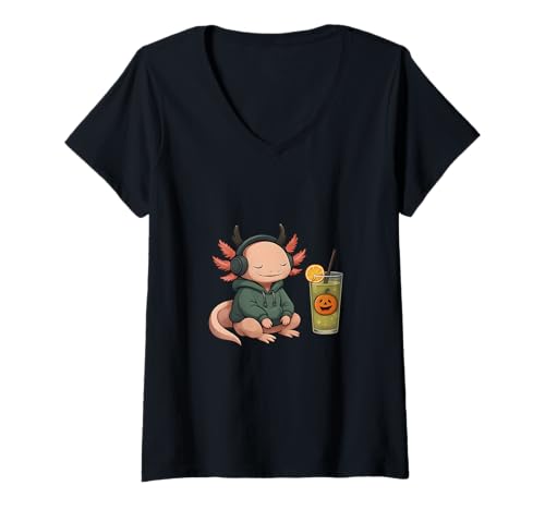 Damen Halloween Axolotl Kürbis Kostüm T-Shirt mit V-Ausschnitt Damen Halloween Axolotl Kürbis Kostüm T-Shirt mit V-Ausschnitt von gruselig Kinder Verkleidung Geschenkidee